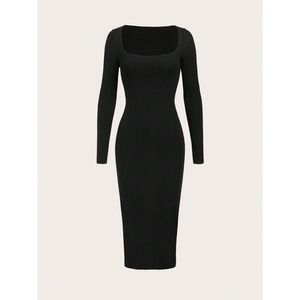 Minimalist Cotton Square Neck long sleeve Bodycon midi Dress
